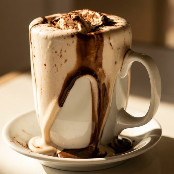 Hot chocolate in a white mug, overflowing with whipped cream and chocolate syrup, on a saucer.