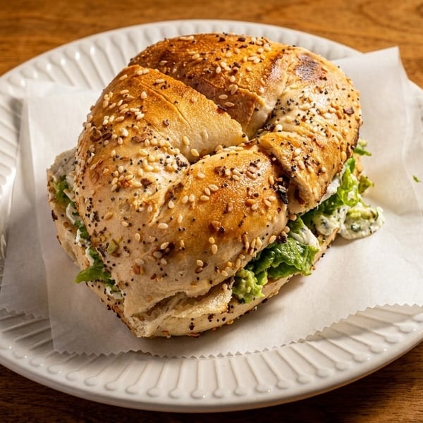 Everything bagel sandwich with cream cheese, avocado, and lettuce on a white plate.