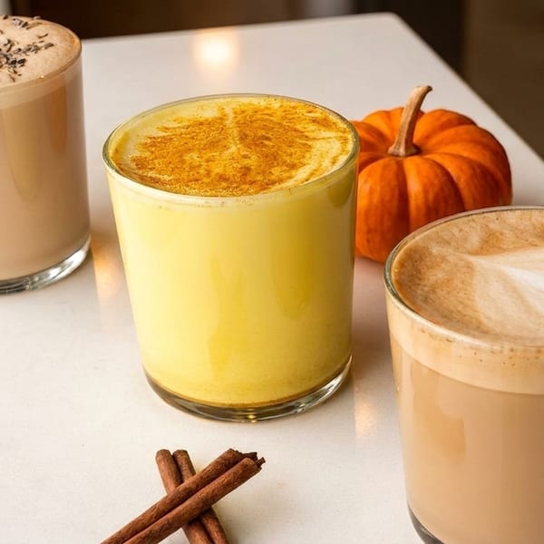 Three autumn-themed lattes, one with lavender, one golden, and one with latte art, next to a pumpkin.
